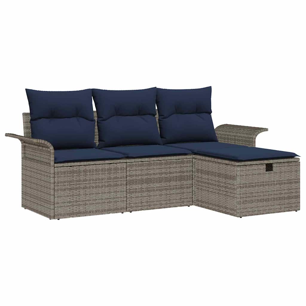 Gartensofa-set mit Kissen 4 pcs Grau und Marineblau Poly-Rattan