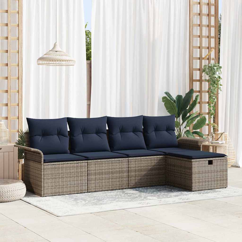 Gartensofa-set mit Kissen 5 pcs Grau und Marineblau Poly-Rattan