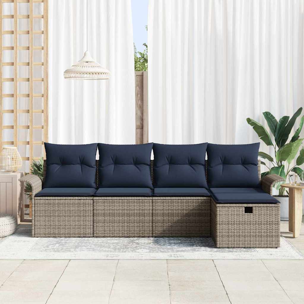 Gartensofa-set mit Kissen 5 pcs Grau und Marineblau Poly-Rattan