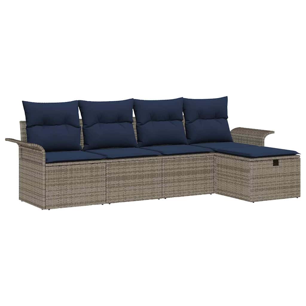 Gartensofa-set mit Kissen 5 pcs Grau und Marineblau Poly-Rattan