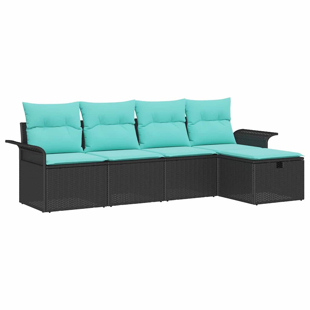 Gartensofa-set mit Kissen 5 pcs Schwarz und Türkis Poly-Rattan