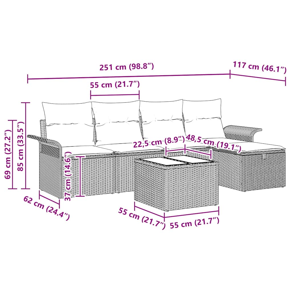 Gartensofa-set mit Kissen 6 pcs Braun und Creme Poly-Rattan