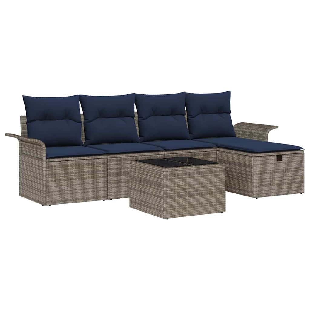 Gartensofa-set mit Kissen 6 pcs Grau und Marineblau Poly-Rattan