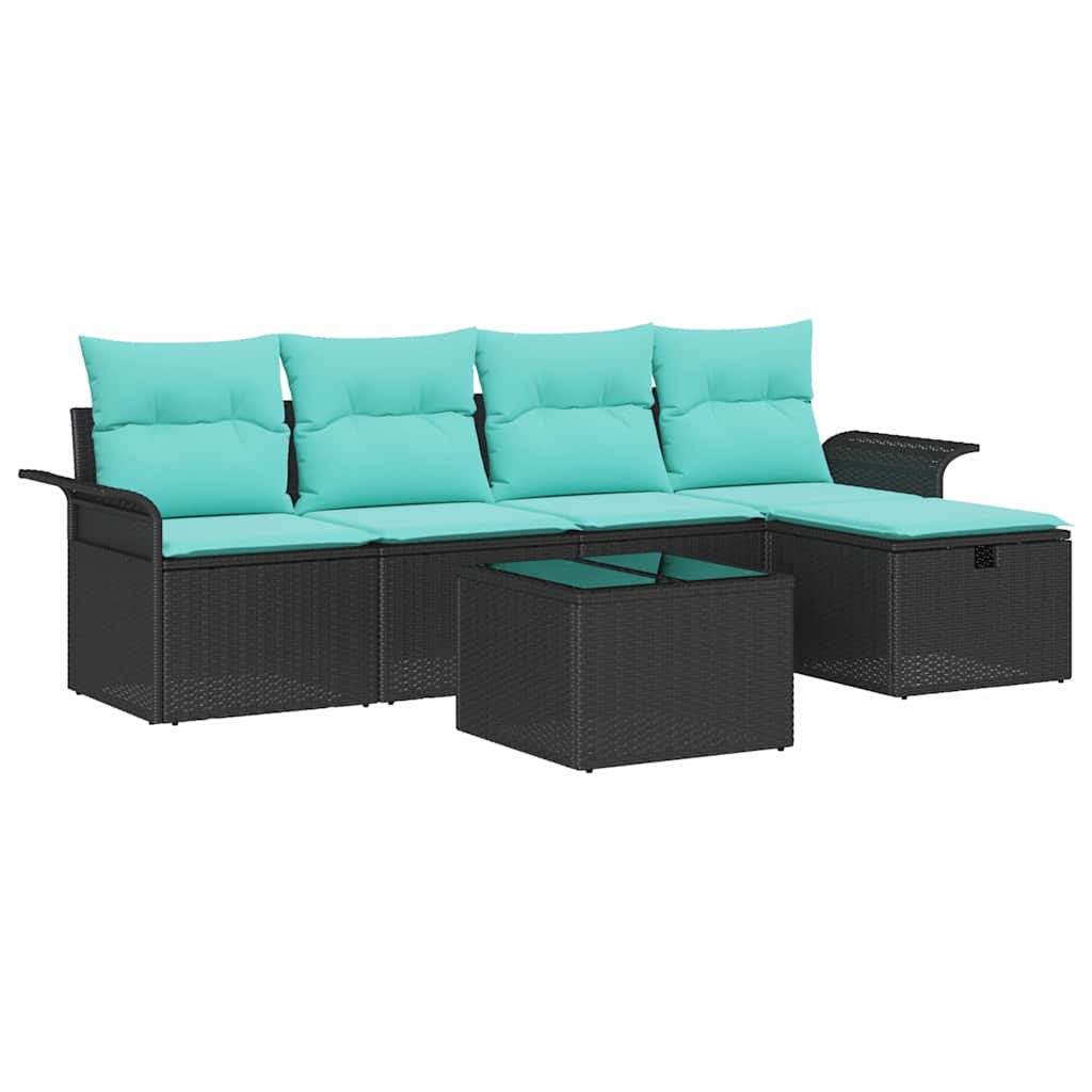 Gartensofa-set mit Kissen 6 pcs Schwarz und Türkis Poly-Rattan