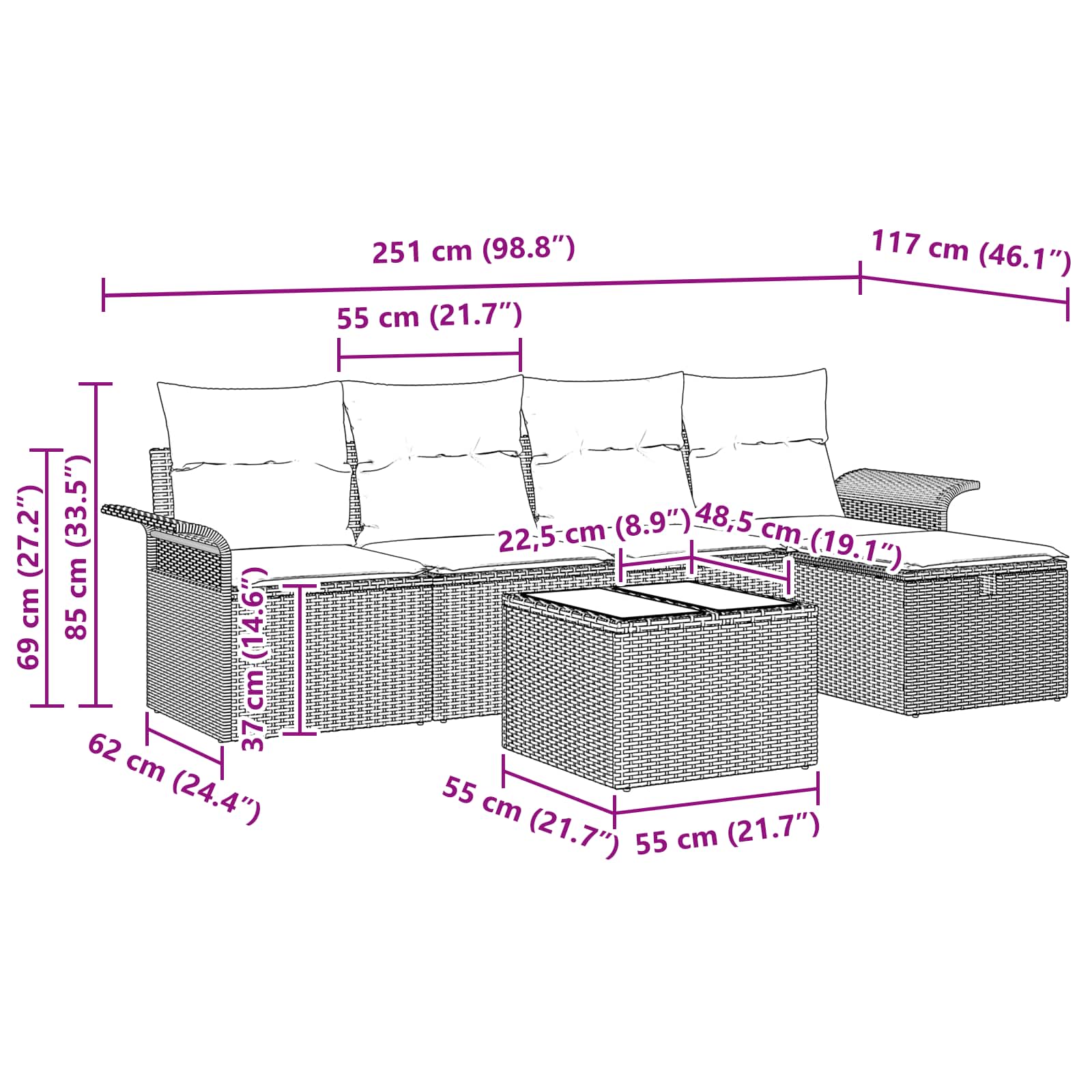Gartensofa-set mit Kissen 6 pcs Schwarz und Türkis Poly-Rattan
