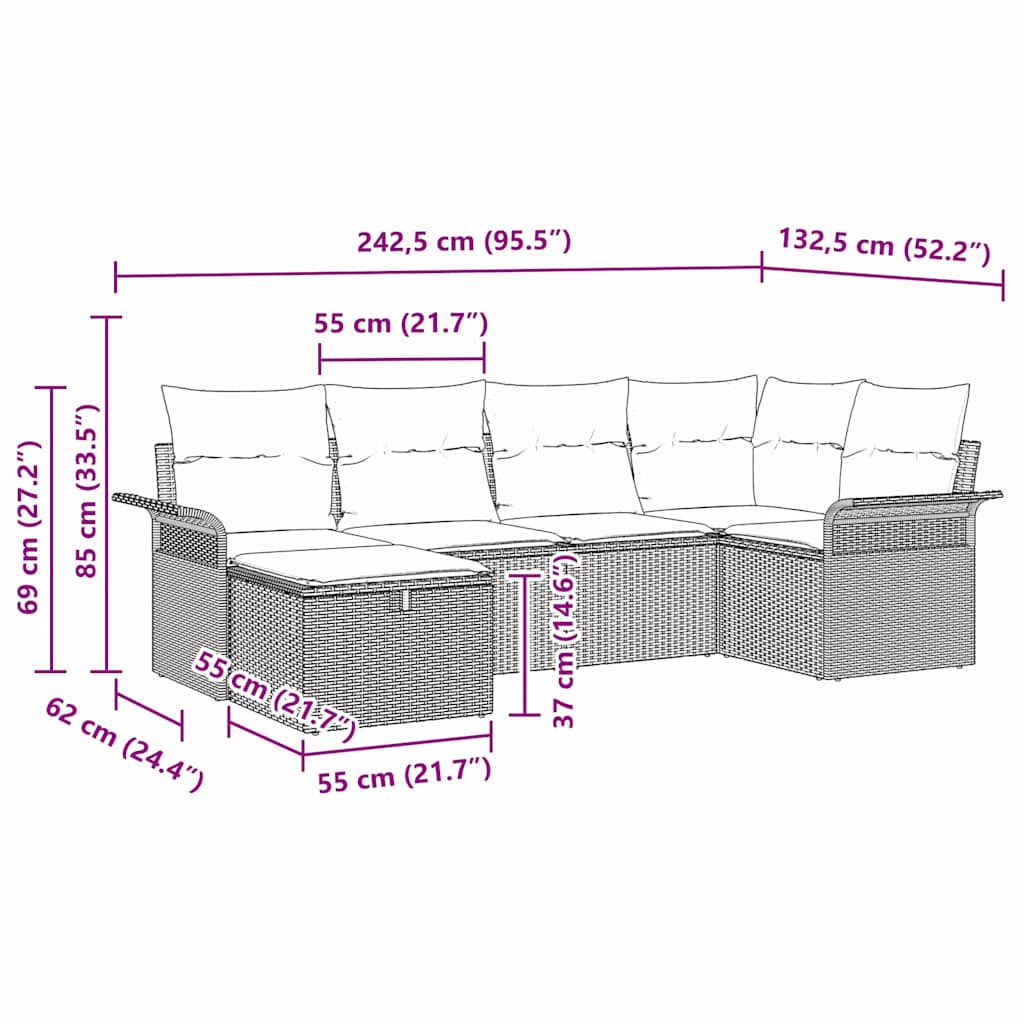 Gartensofa-set mit Kissen mit Speicher 6 pcs Grau Poly-Rattan
