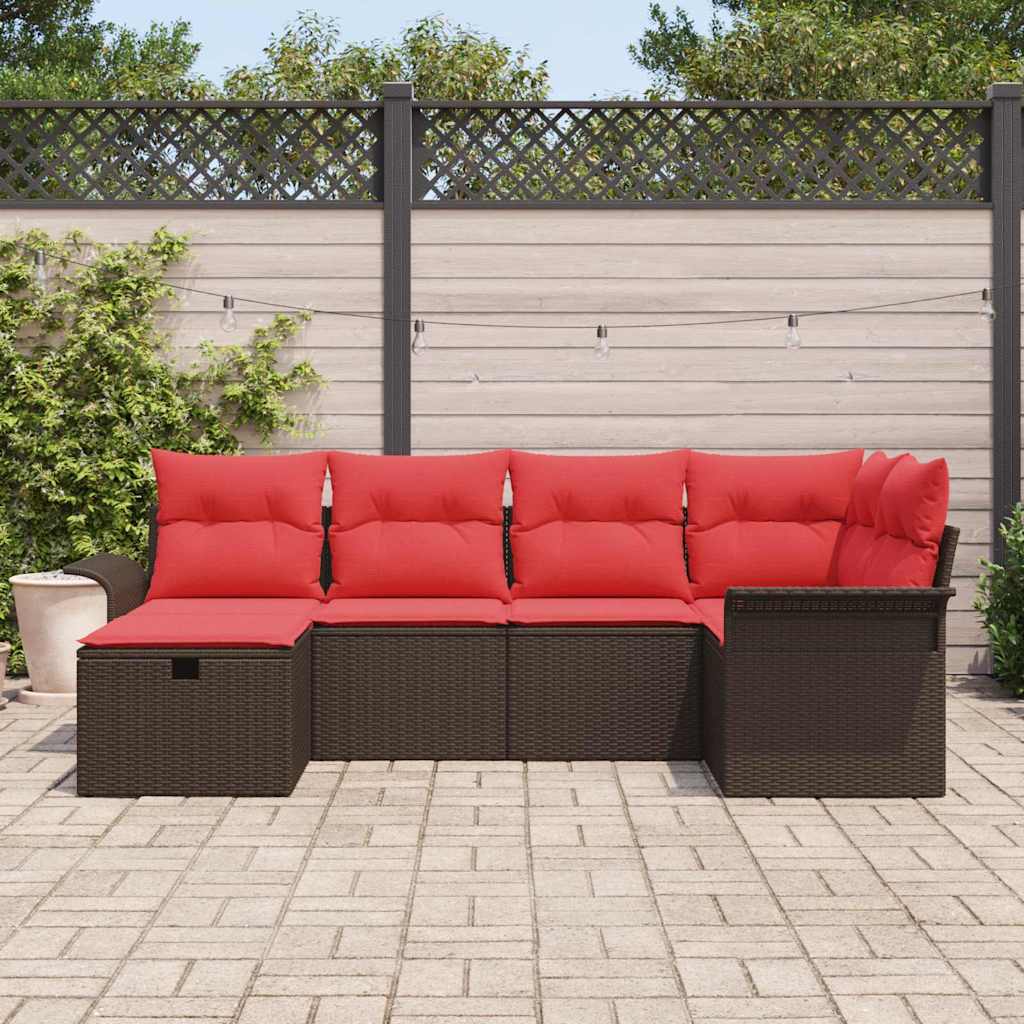 Gartensofa-set mit Kissen 6 pcs Braun und Rot Poly-Rattan