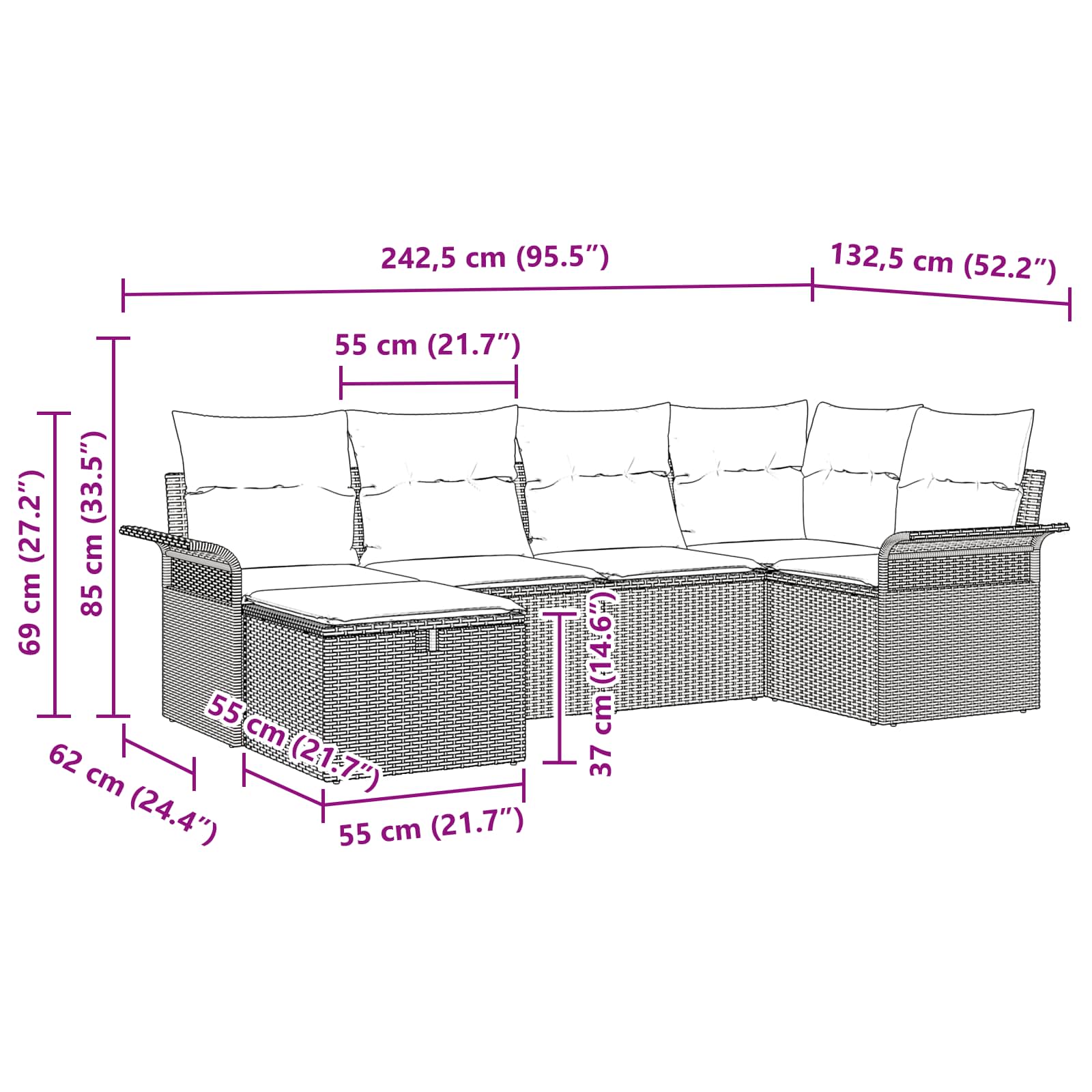 Gartensofa-set mit Kissen 6 pcs Braun und Rot Poly-Rattan