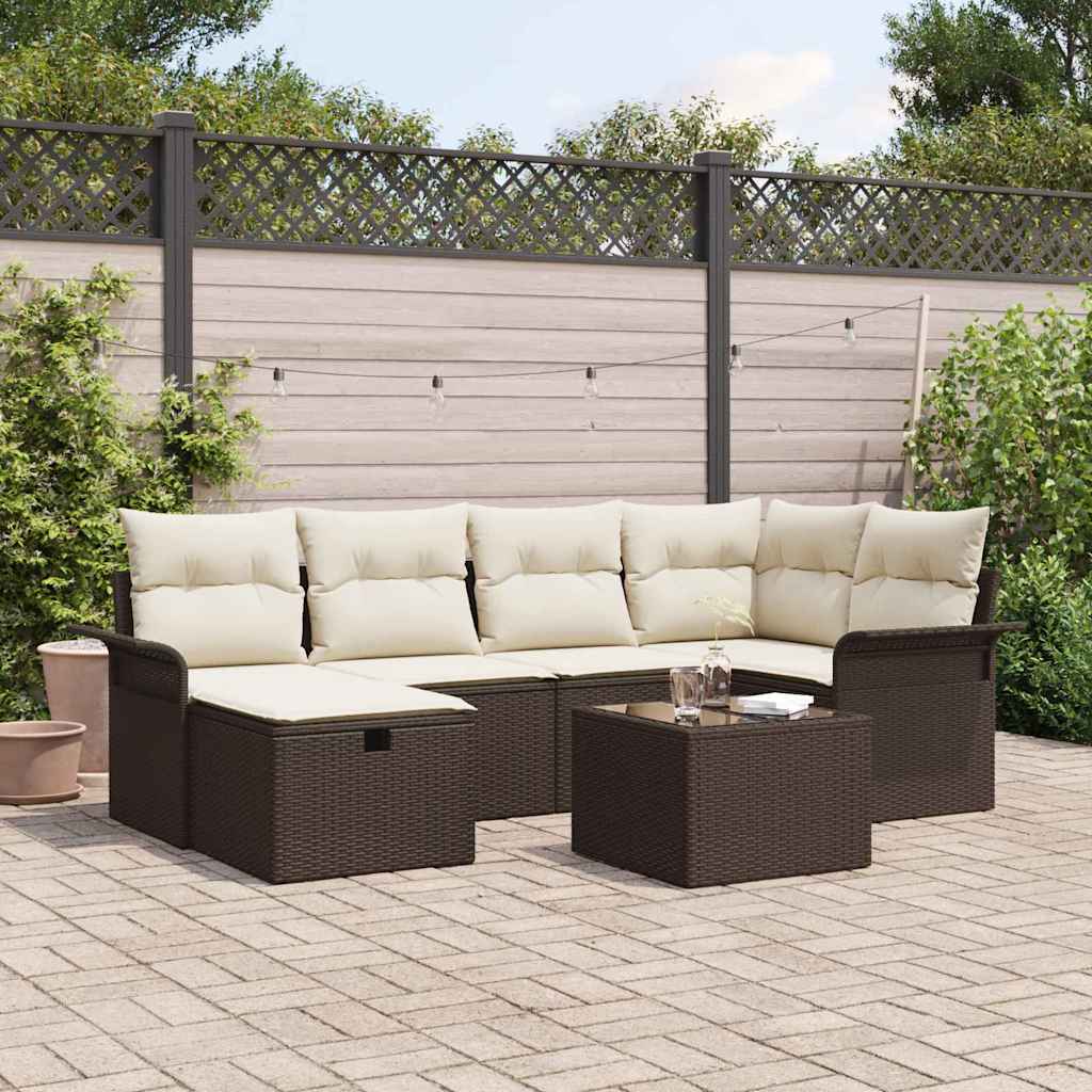 Gartensofa-set mit Kissen 7 pcs Braun und Creme Poly-Rattan