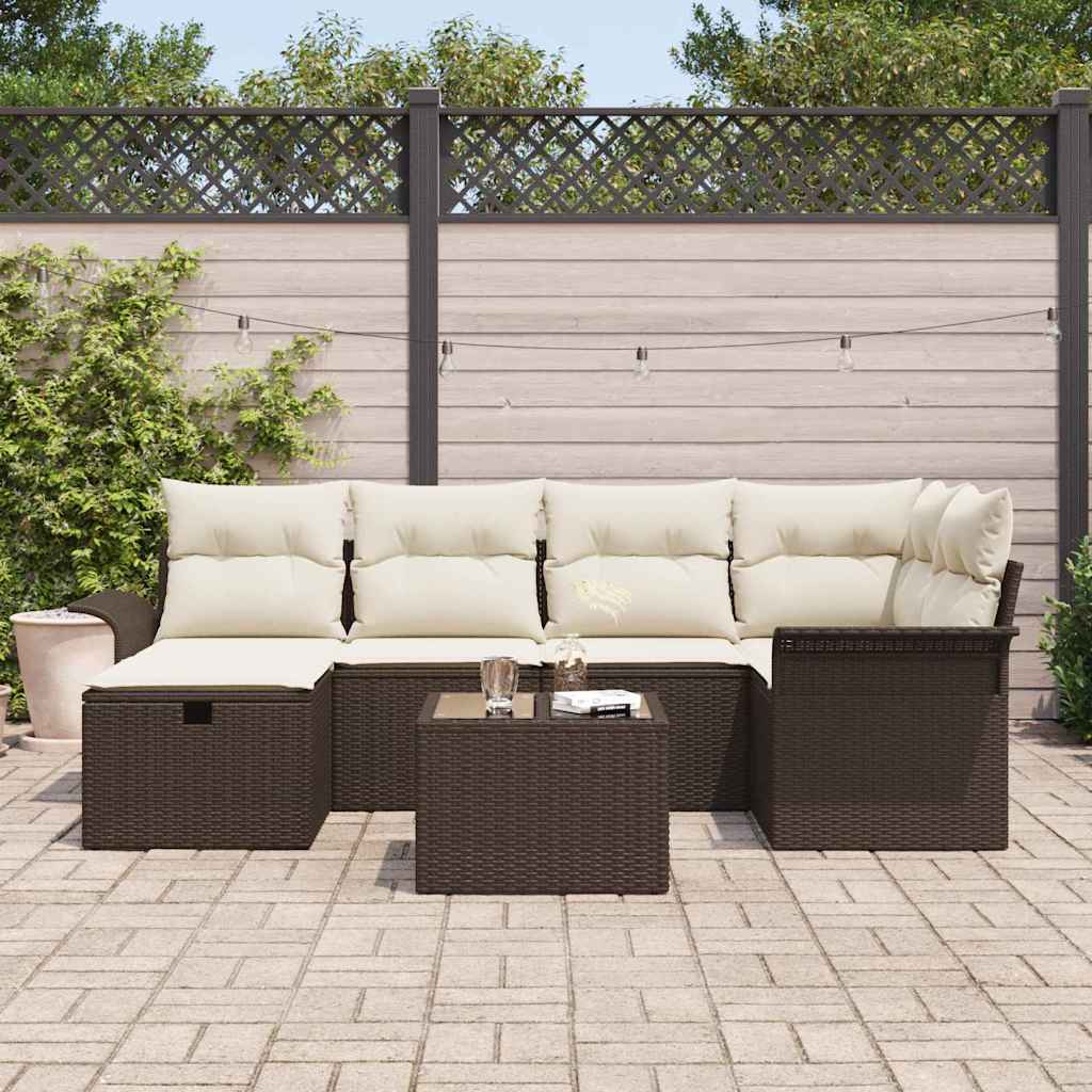 Gartensofa-set mit Kissen 7 pcs Braun und Creme Poly-Rattan