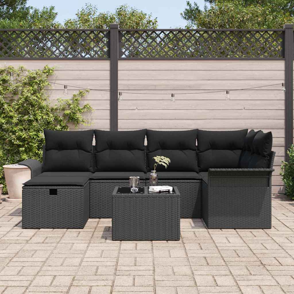 Gartensofa-set mit Kissen 7 pcs Schwarz Poly-Rattan