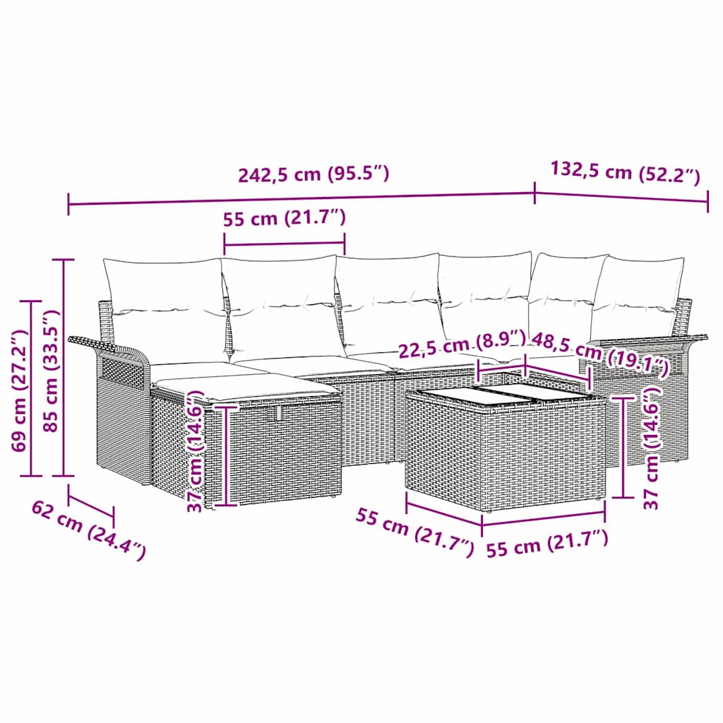 Gartensofa-set mit Kissen 7 pcs Schwarz Poly-Rattan