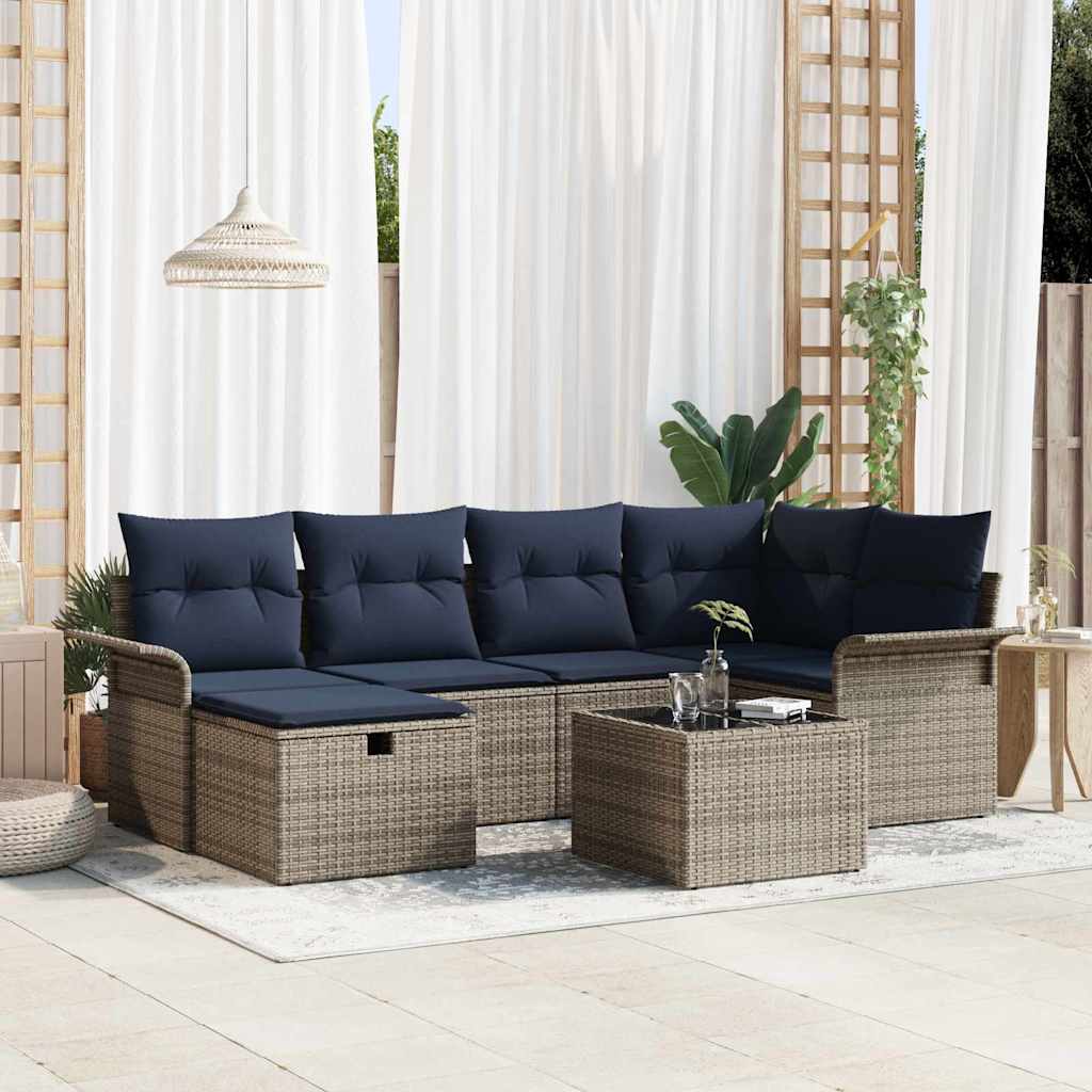 Gartensofa-set mit Kissen 7 pcs Grau und Marineblau Poly-Rattan