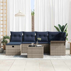 Gartensofa-set mit Kissen 7 pcs Grau und Marineblau Poly-Rattan