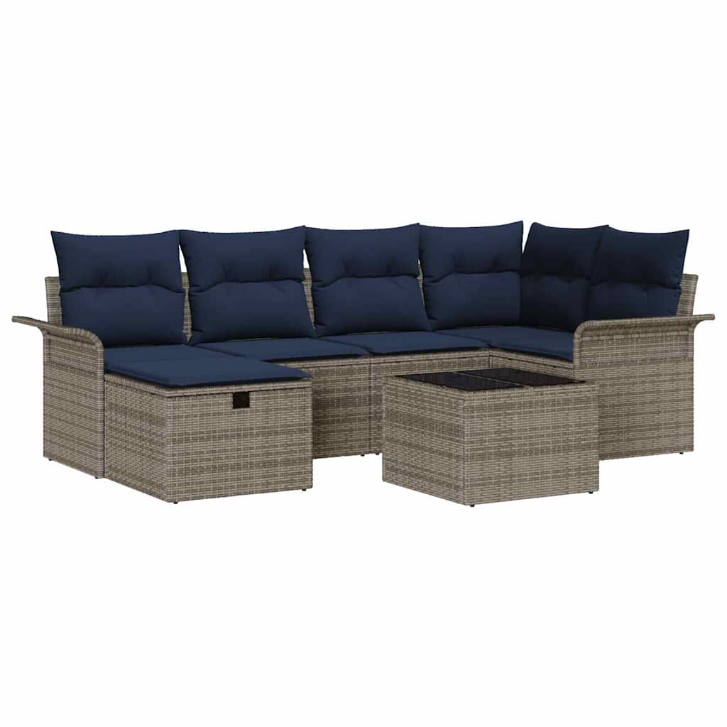 Gartensofa-set mit Kissen 7 pcs Grau und Marineblau Poly-Rattan