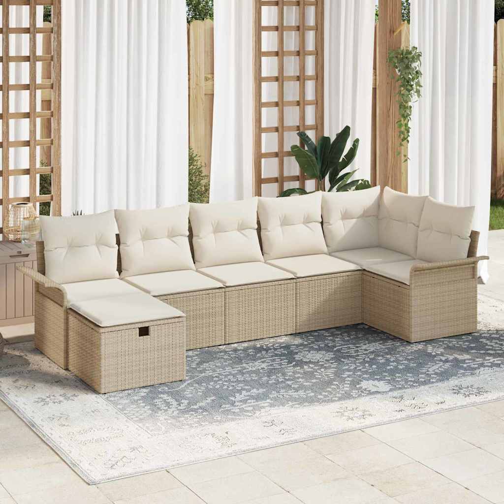 Gartensofa-set mit Kissen 7 pcs Beige und Creme Poly-Rattan