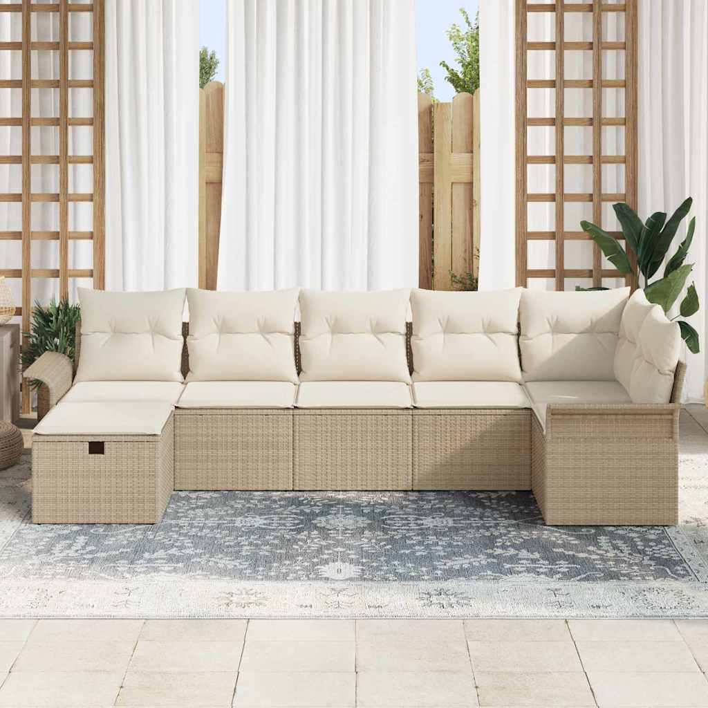 Gartensofa-set mit Kissen 7 pcs Beige und Creme Poly-Rattan