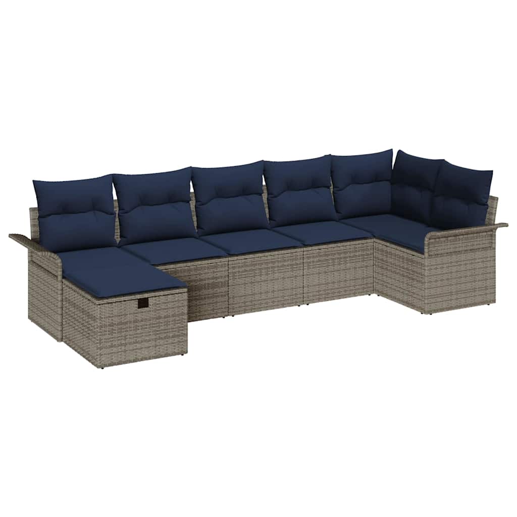 Gartensofa-set mit Kissen 7 pcs Grau und Marineblau Poly-Rattan