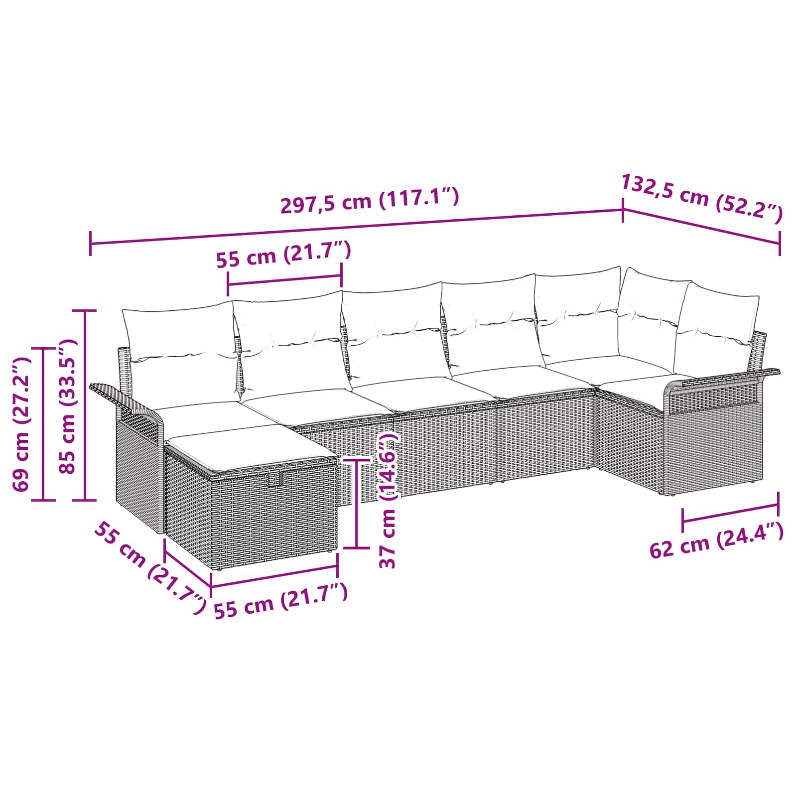 Gartensofa-set mit Kissen 7 pcs Grau und Marineblau Poly-Rattan