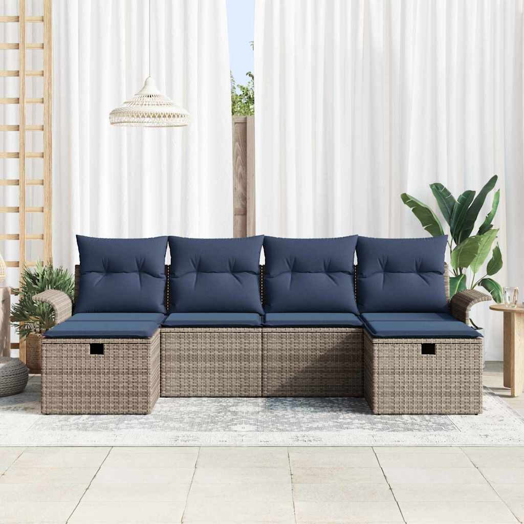 Gartensofa-set mit Kissen 6 pcs Grau und Marineblau Poly-Rattan