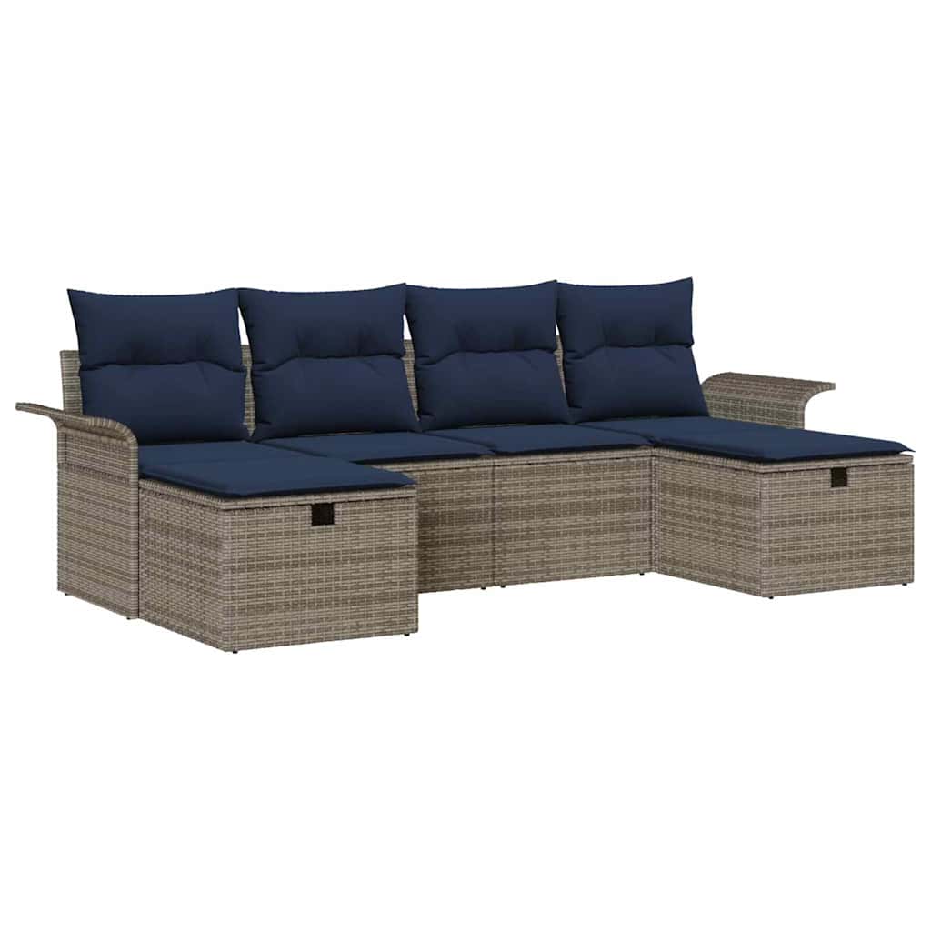 Gartensofa-set mit Kissen 6 pcs Grau und Marineblau Poly-Rattan