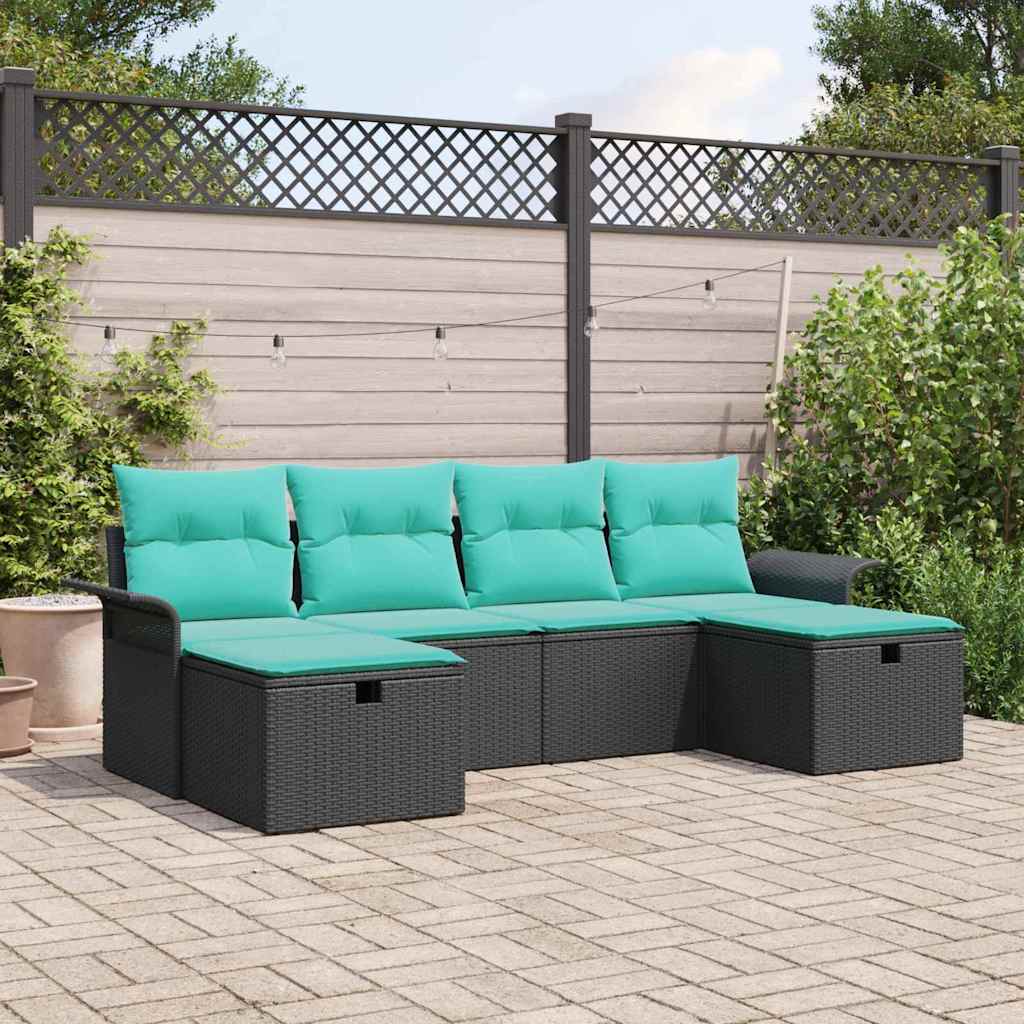 Gartensofa-set mit Kissen 6 pcs Schwarz und Türkis Poly-Rattan