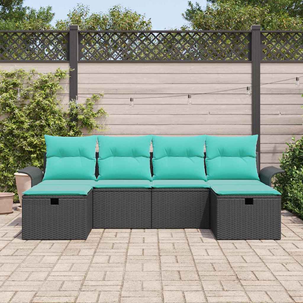 Gartensofa-set mit Kissen 6 pcs Schwarz und Türkis Poly-Rattan