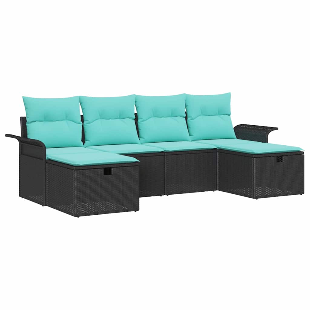 Gartensofa-set mit Kissen 6 pcs Schwarz und Türkis Poly-Rattan