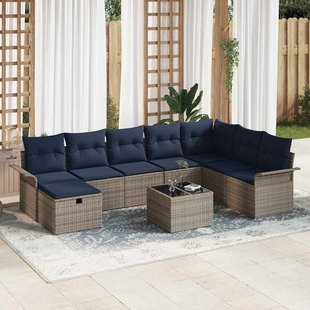 Gartensofa-set mit Kissen 9 pcs Grau und Marineblau Poly-Rattan