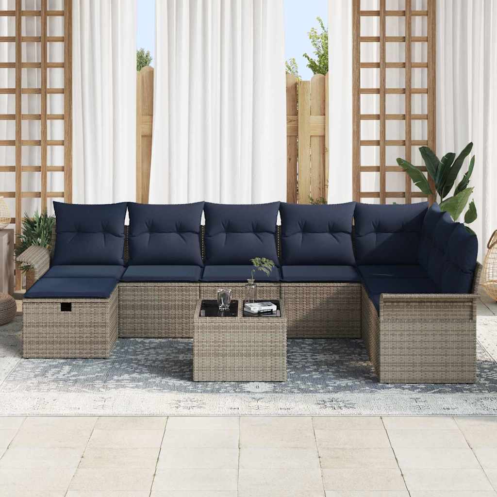 Gartensofa-set mit Kissen 9 pcs Grau und Marineblau Poly-Rattan