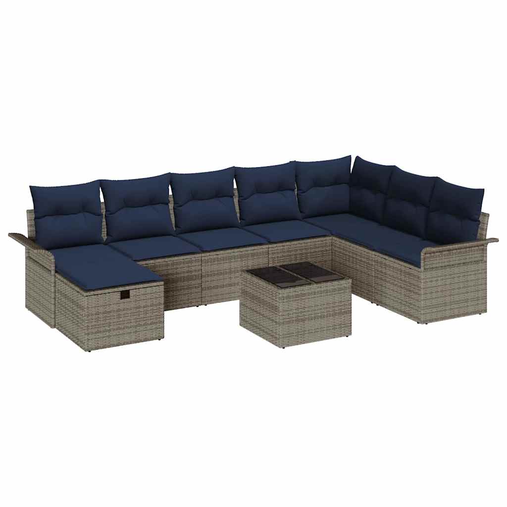 Gartensofa-set mit Kissen 9 pcs Grau und Marineblau Poly-Rattan