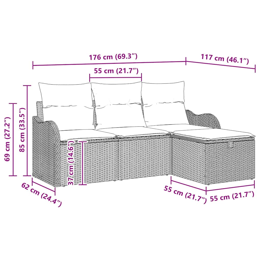 Gartensofa-set mit Kissen 4 pcs Beige und Hellgrau Poly-Rattan