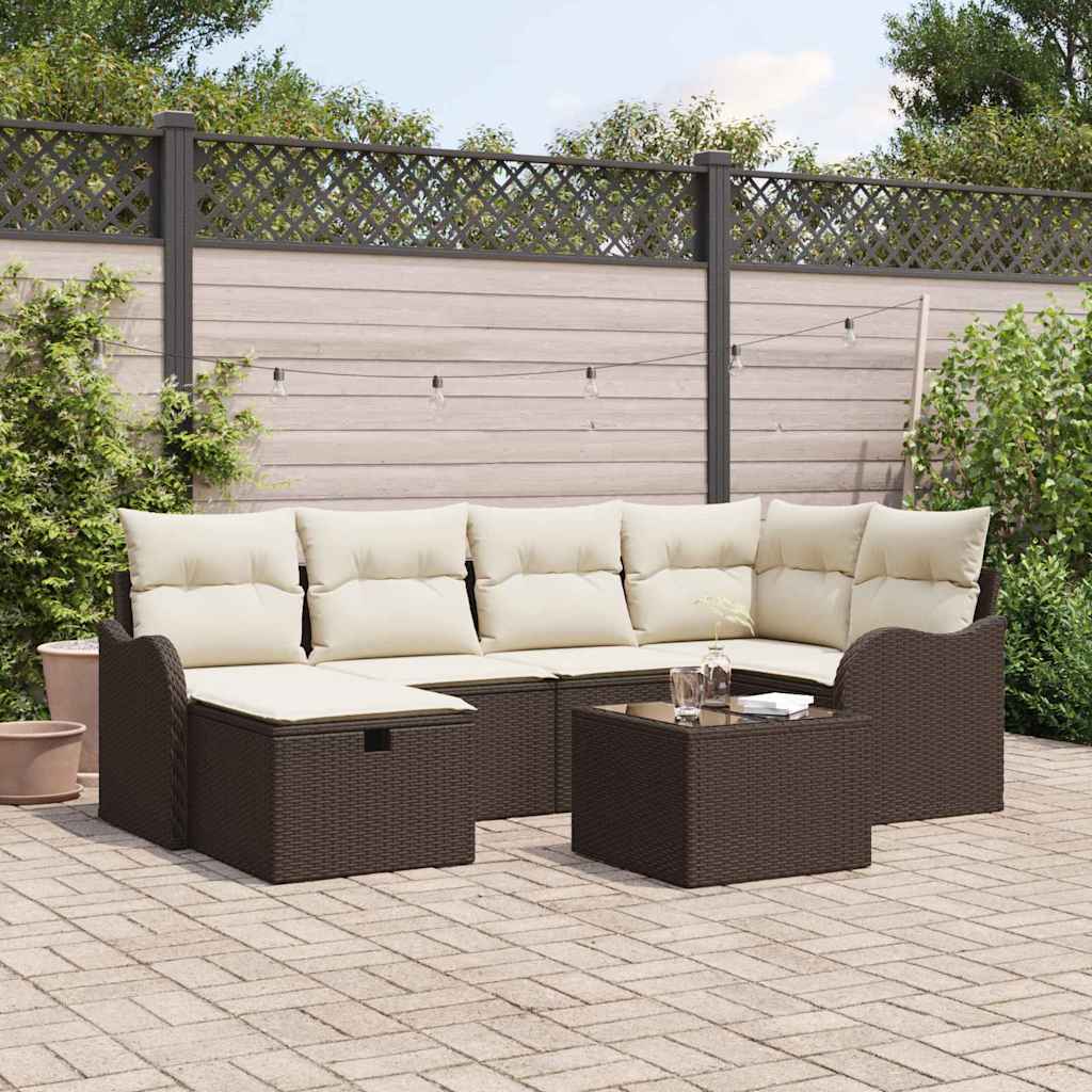 Garten-Sofa-Set mit Kissen 7 pcs Braun und Creme Poly Rattan