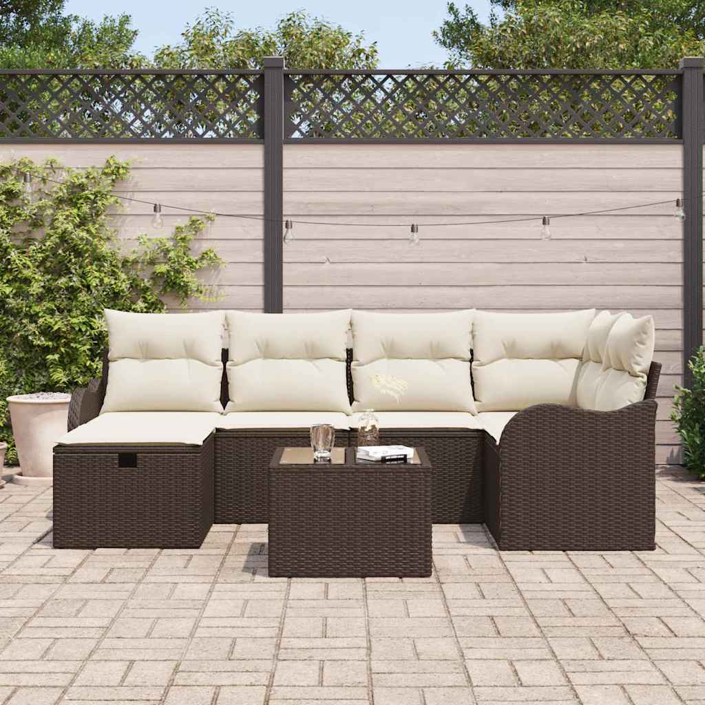 Garten-Sofa-Set mit Kissen 7 pcs Braun und Creme Poly Rattan