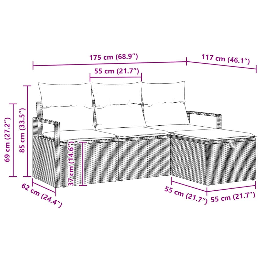 Sofa Set mit Kissen 4 pcs Schwarz und Creme Poly-Rattan