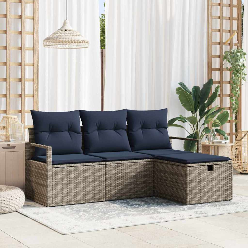Sofa Set mit Kissen 4 pcs Grau und Marineblau Poly-Rattan