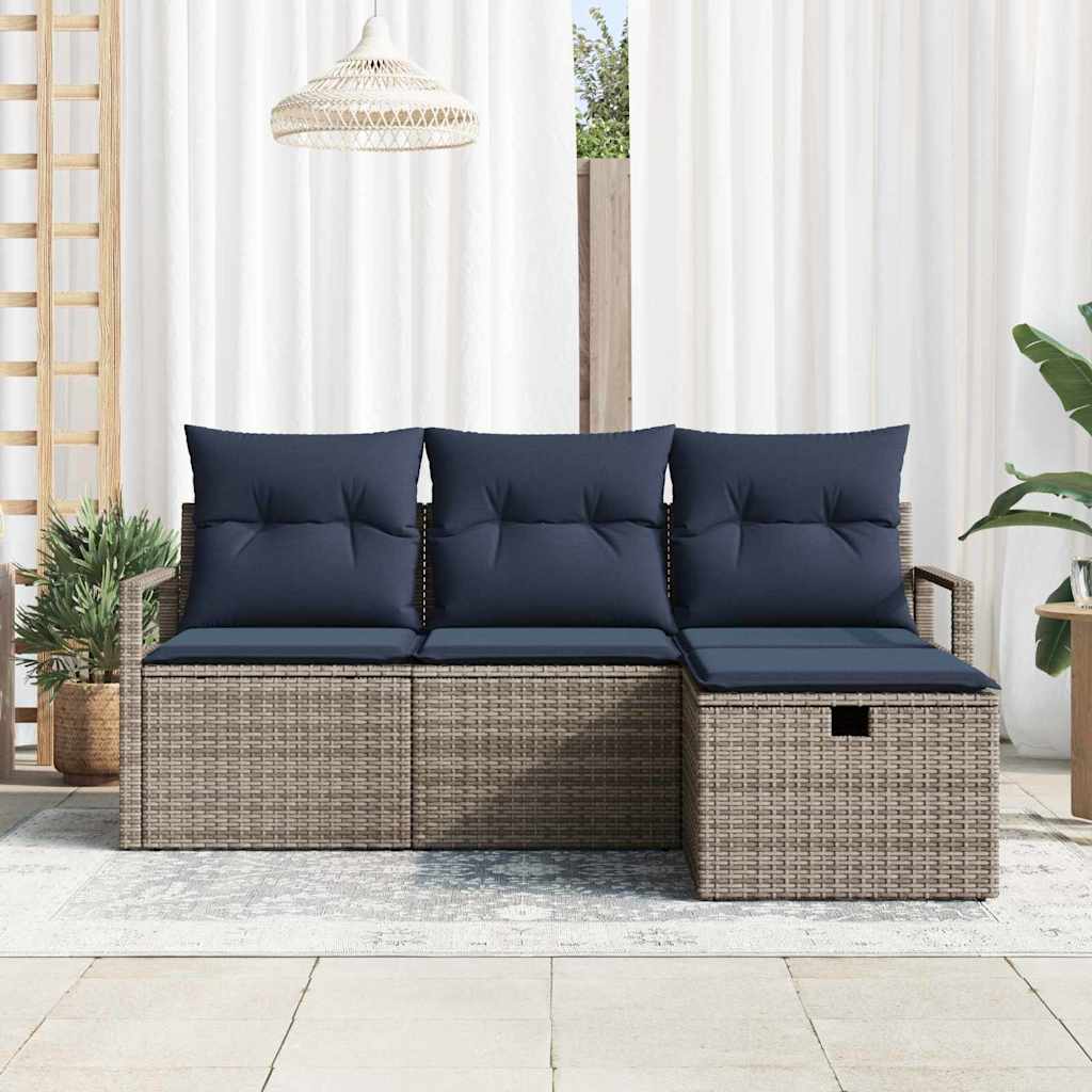 Sofa Set mit Kissen 4 pcs Grau und Marineblau Poly-Rattan