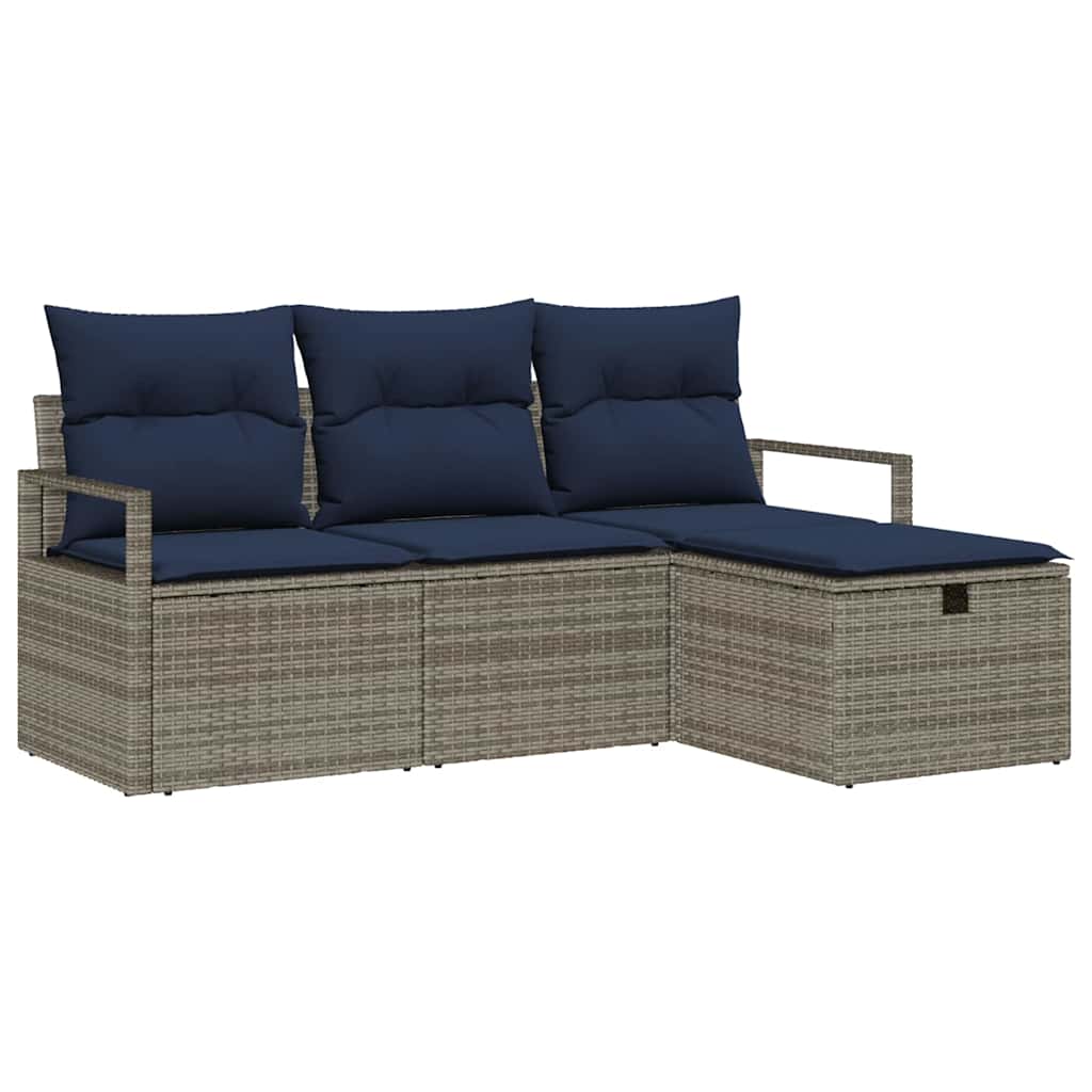 Sofa Set mit Kissen 4 pcs Grau und Marineblau Poly-Rattan