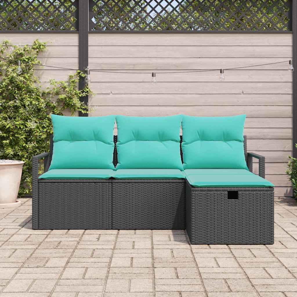 Sofa Set mit Kissen 4 pcs Schwarz und Türkis Poly-Rattan
