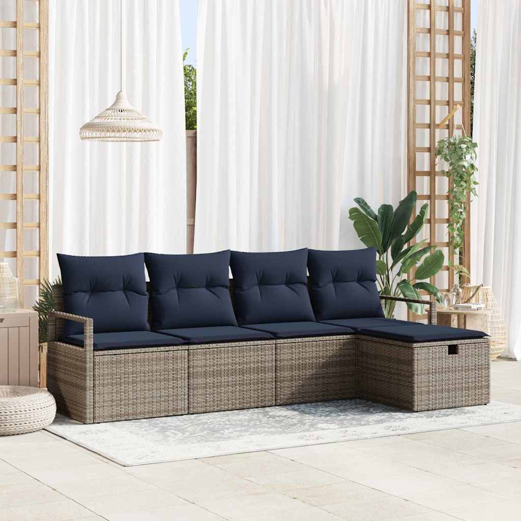 Sofa Set mit Kissen 5 pcs Grau und Marineblau Poly-Rattan