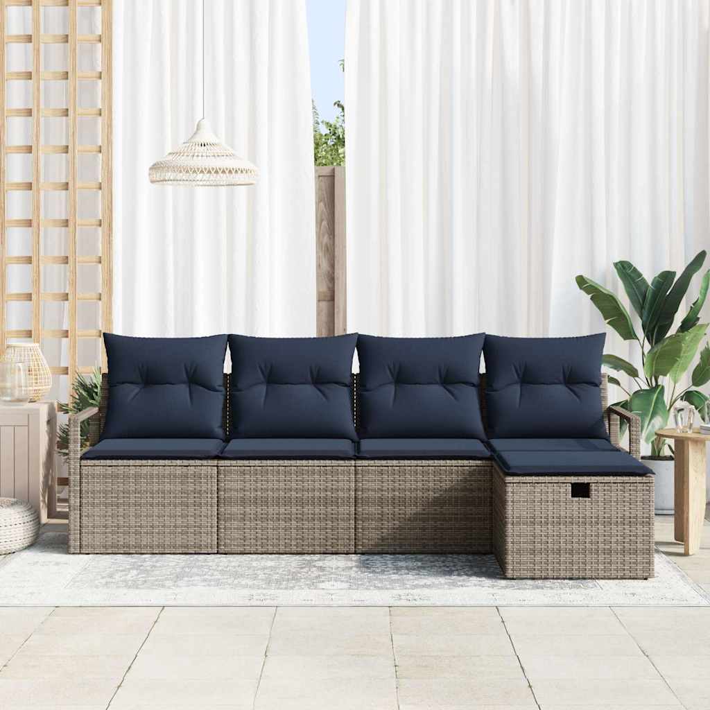 Sofa Set mit Kissen 5 pcs Grau und Marineblau Poly-Rattan