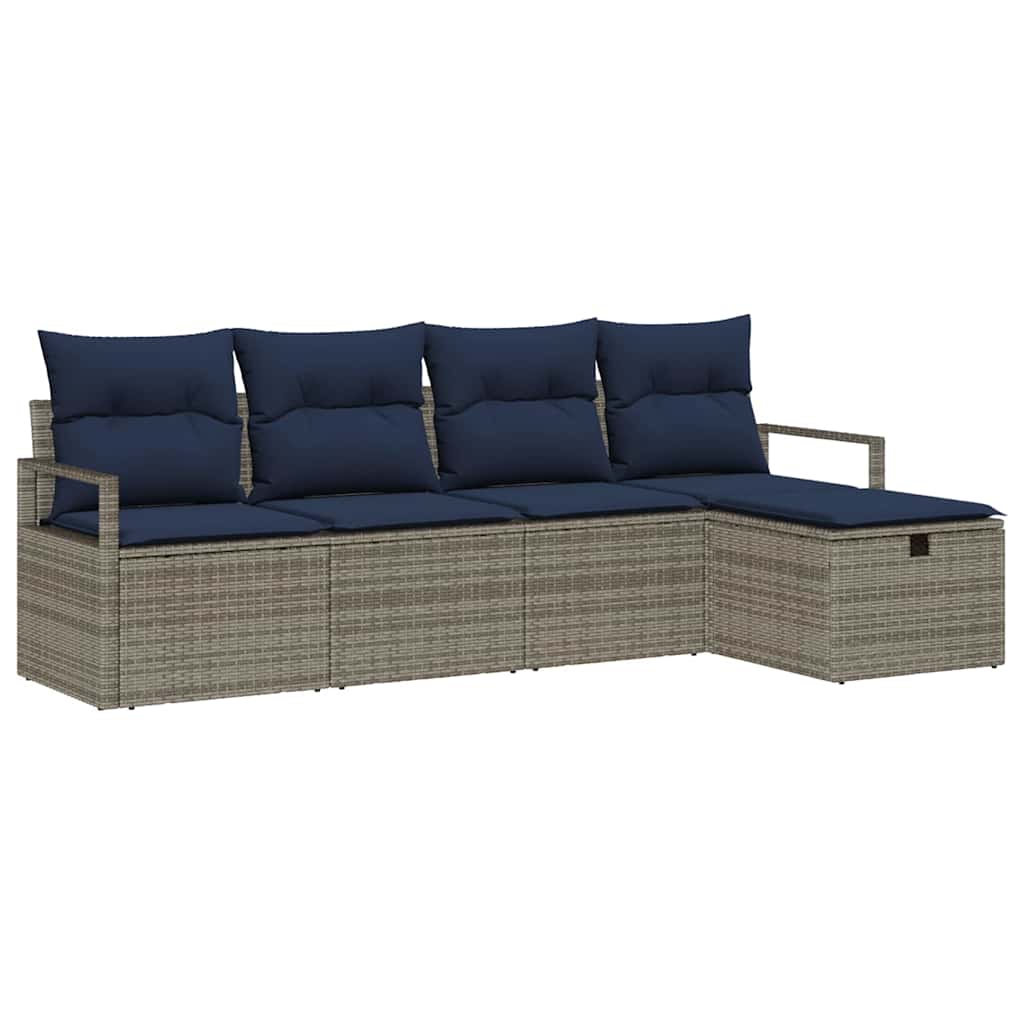 Sofa Set mit Kissen 5 pcs Grau und Marineblau Poly-Rattan