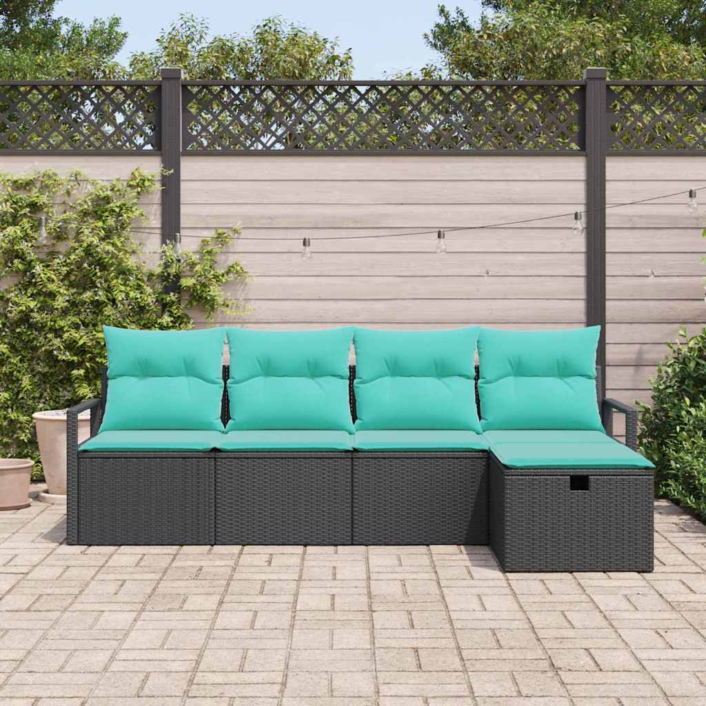 Sofa Set mit Kissen 5 pcs Schwarz und Türkis Poly-Rattan