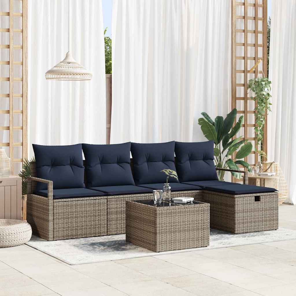 Sofa Set mit Kissen Grau und Marineblau Poly-Rattan