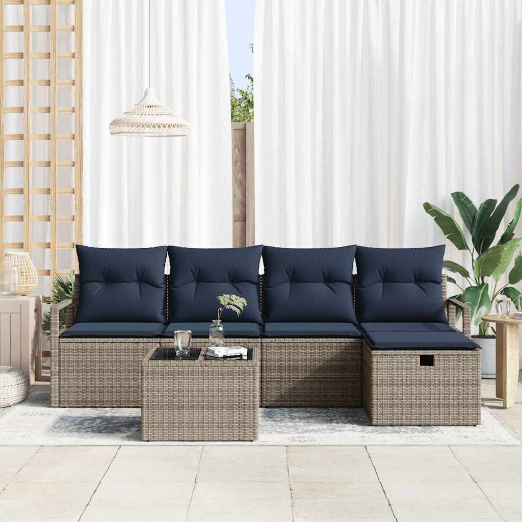 Sofa Set mit Kissen Grau und Marineblau Poly-Rattan