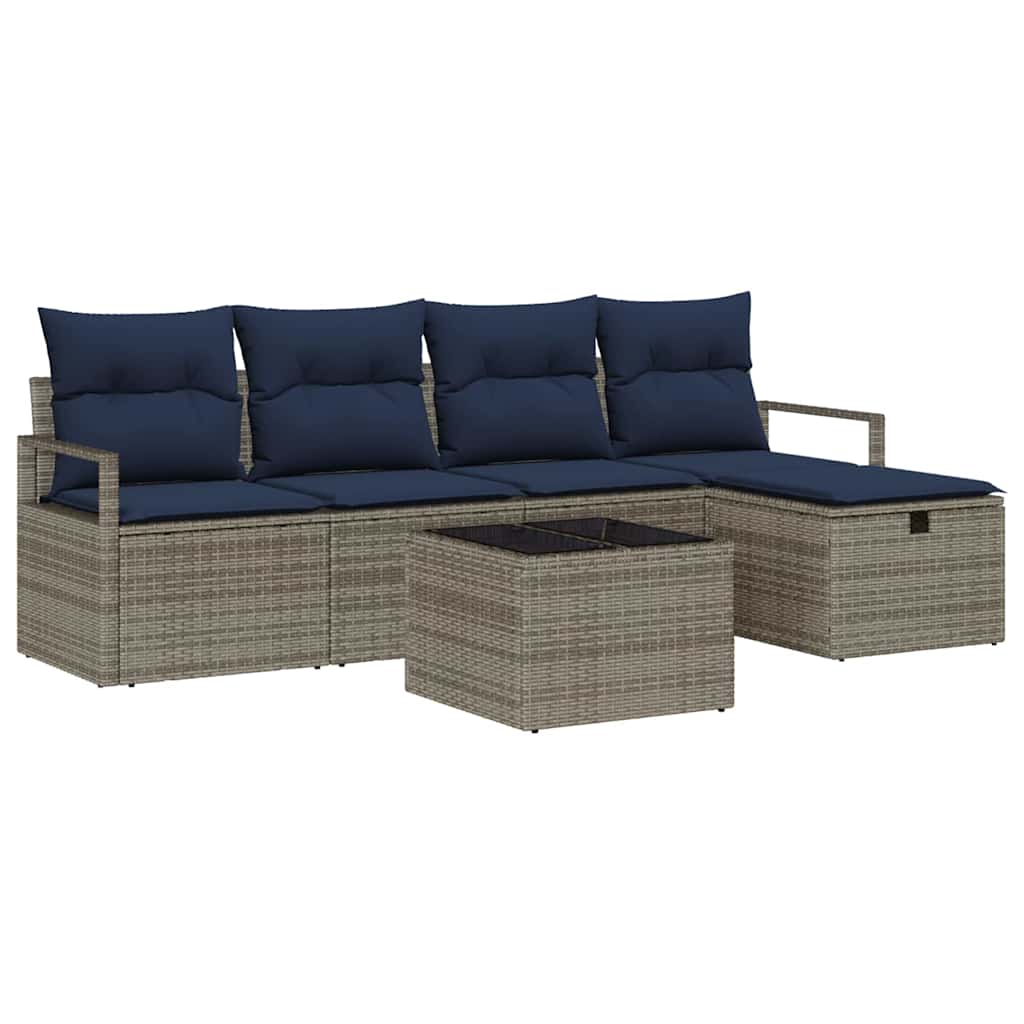 Sofa Set mit Kissen Grau und Marineblau Poly-Rattan