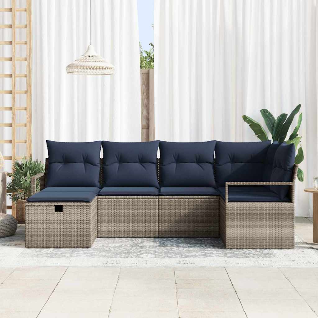 Sofa Set mit Kissen Grau und Marineblau Poly-Rattan