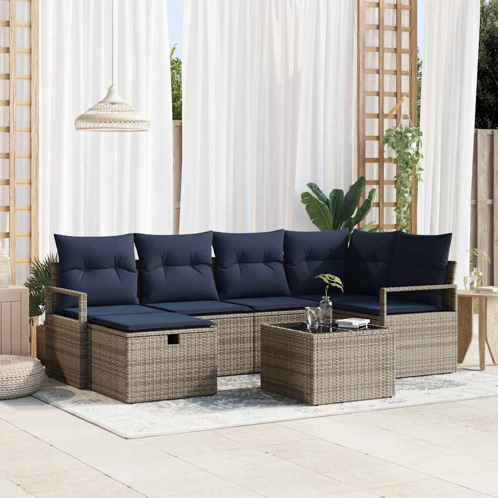 Sofa Set mit Kissen Grau und Marineblau Poly-Rattan