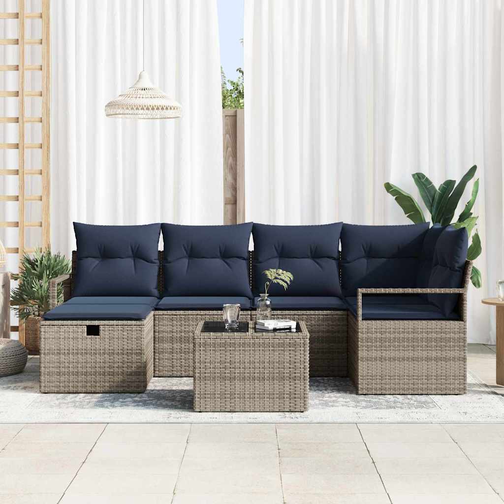 Sofa Set mit Kissen Grau und Marineblau Poly-Rattan