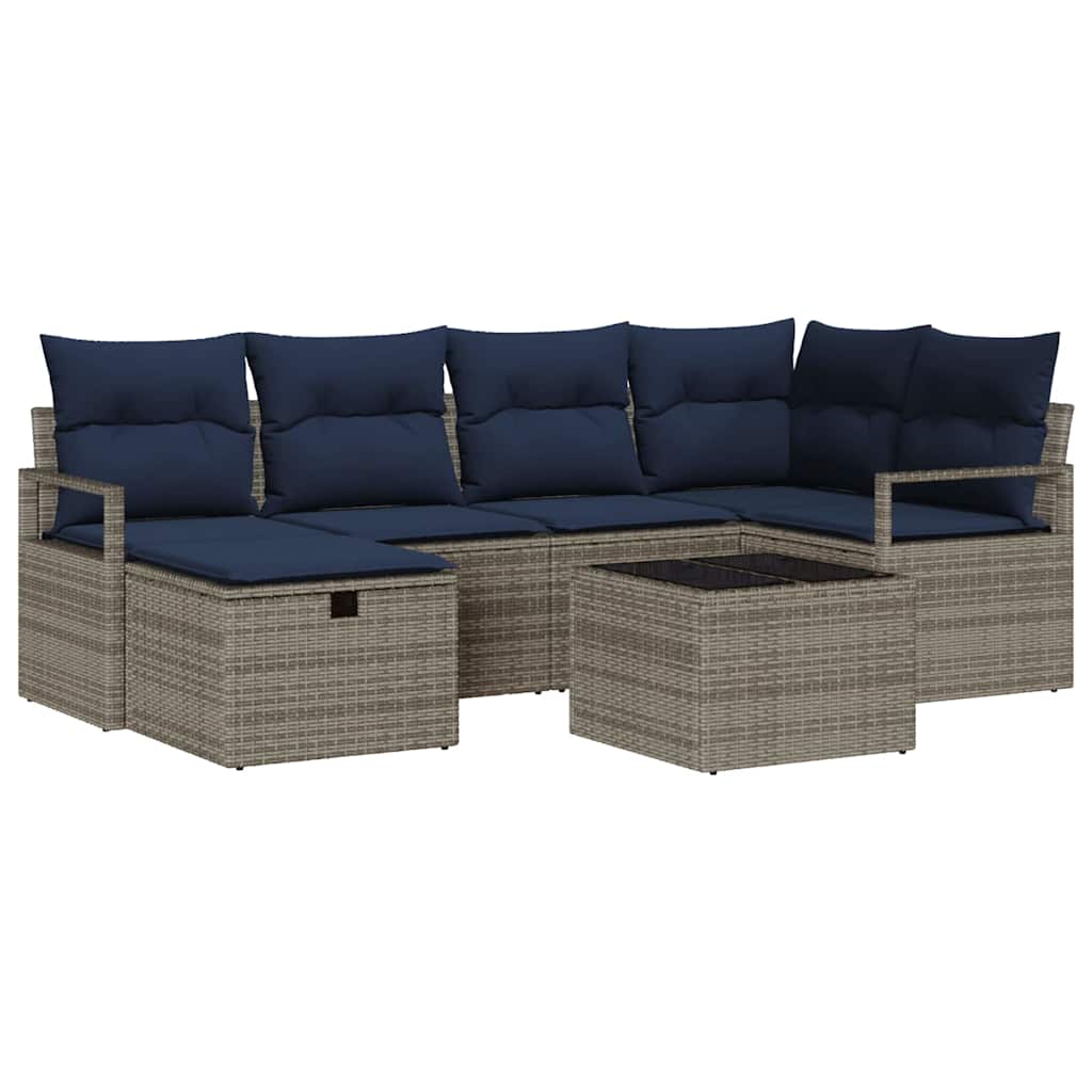 Sofa Set mit Kissen Grau und Marineblau Poly-Rattan